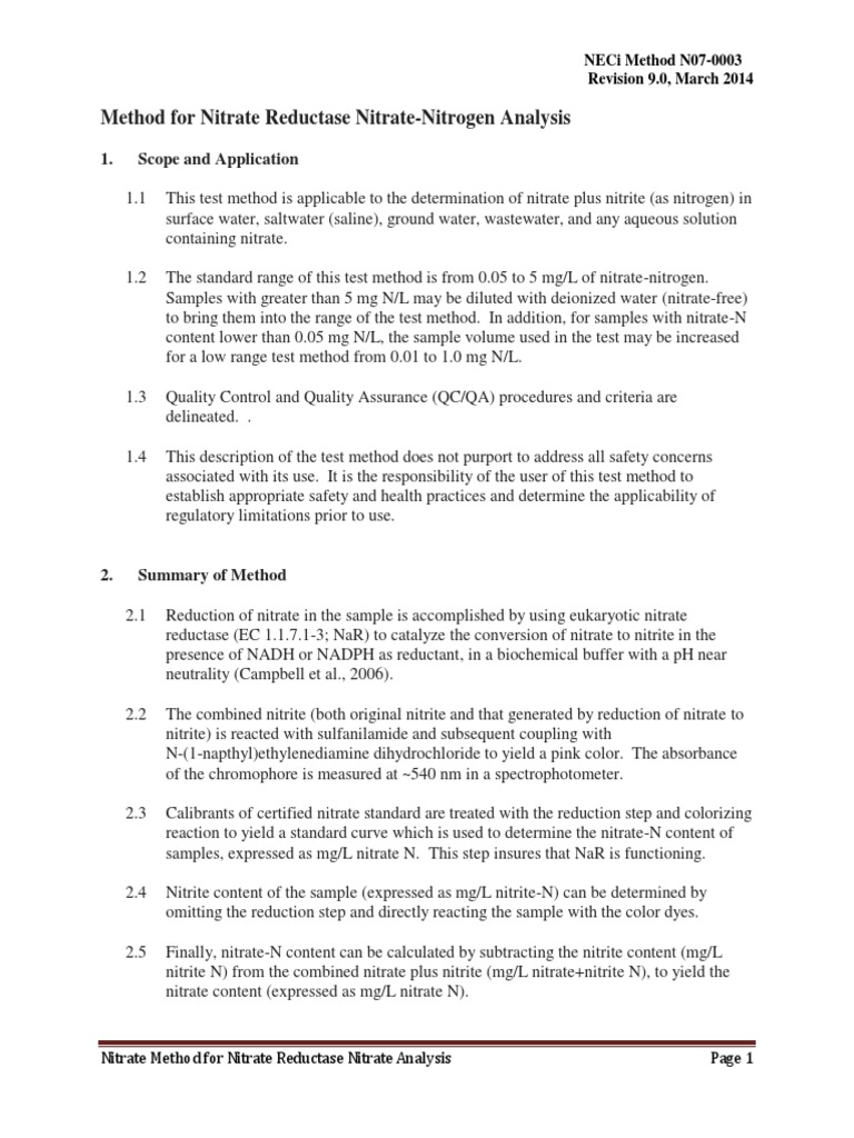 Nitrate Reductase Analysis Method Guide | PDF | Detection Limit | Nitrate