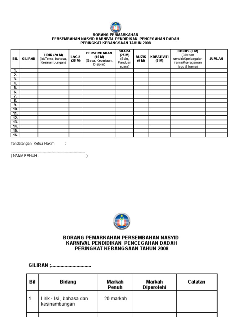 BORANG PERMARKAHAN-NASYID