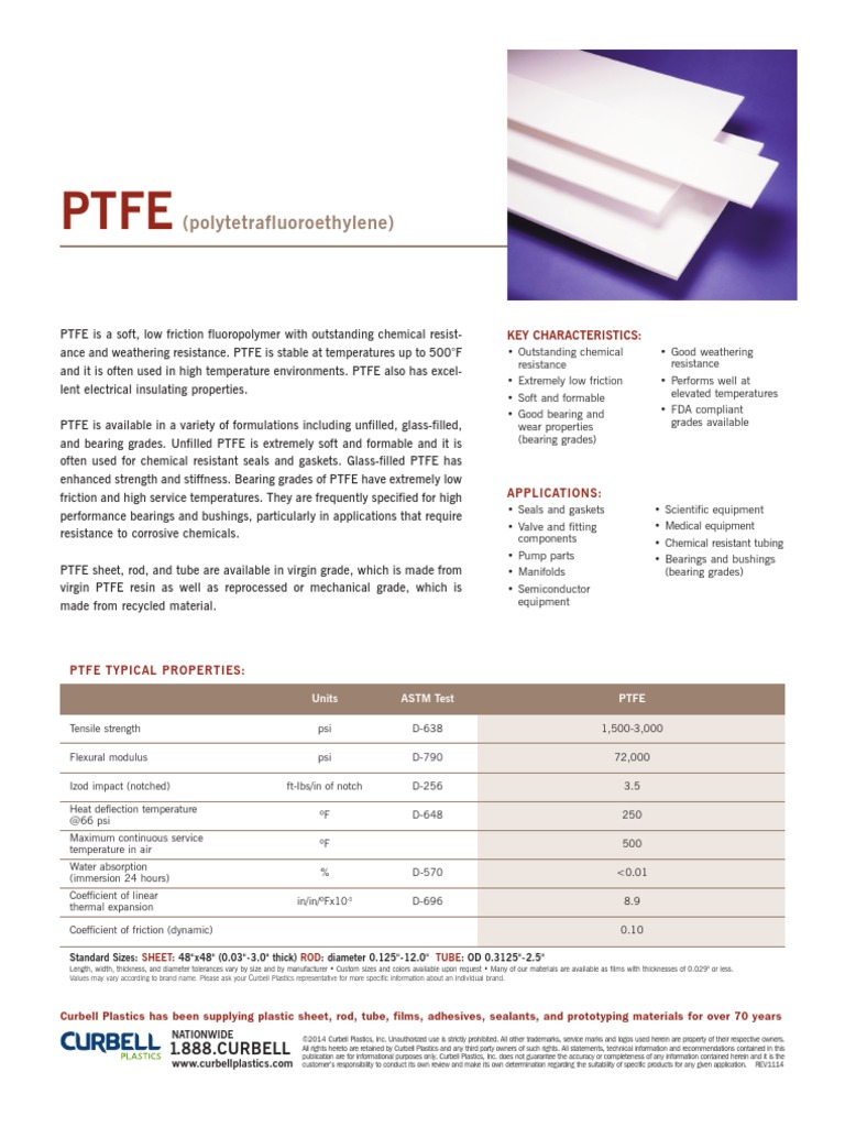 PTFE (Polytetrafluoroethylene) Data Sheet Bearing (Mechanical) Industries
