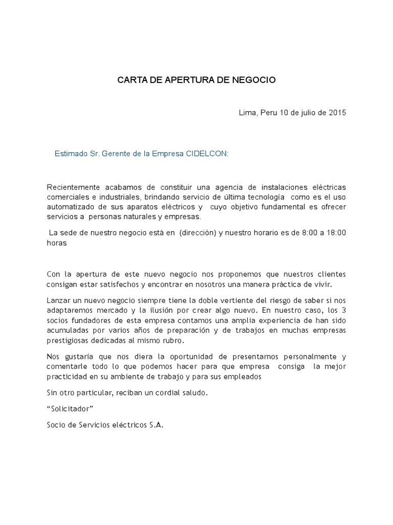 Carta de Apertura de Negocio
