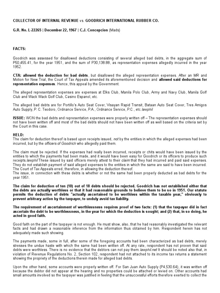 Collector Vs Goodrich PDF Tax Deduction Bad Debt
