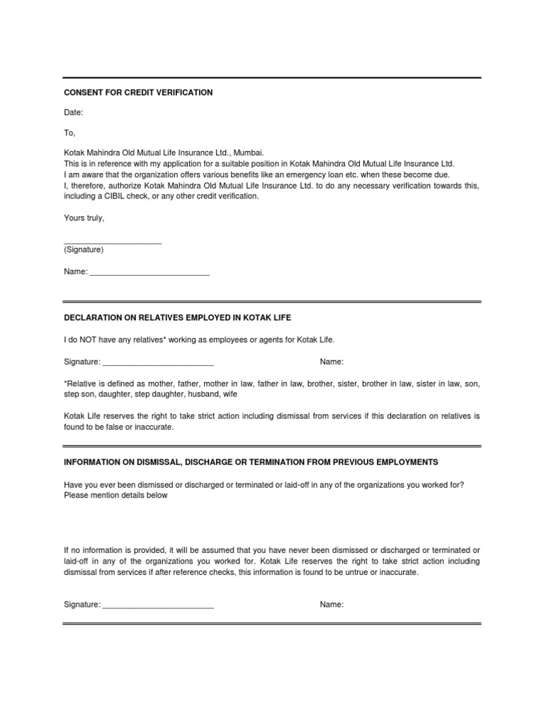 Declaration - CIBIL, Relatives and Information On Termination or ...