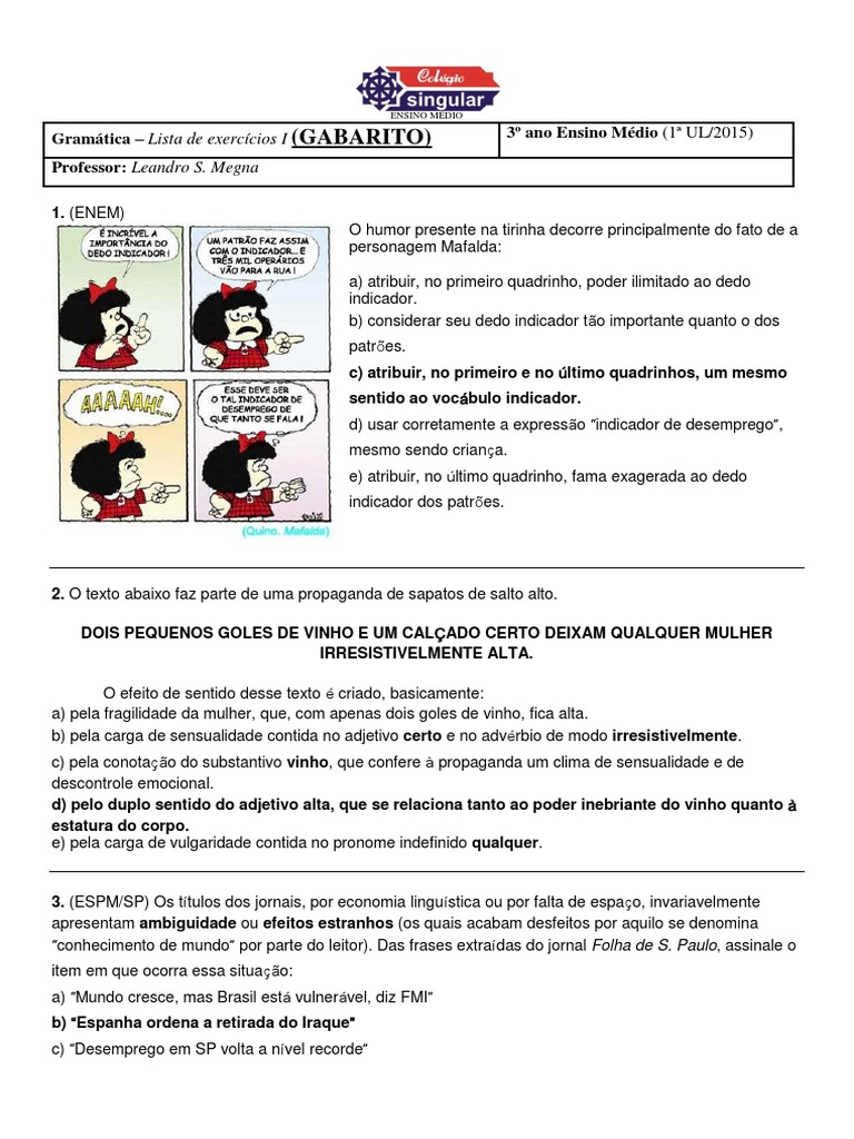 Exercícios sobre Ambiguidade com Gabarito | PDF | Árvores | Publicidade