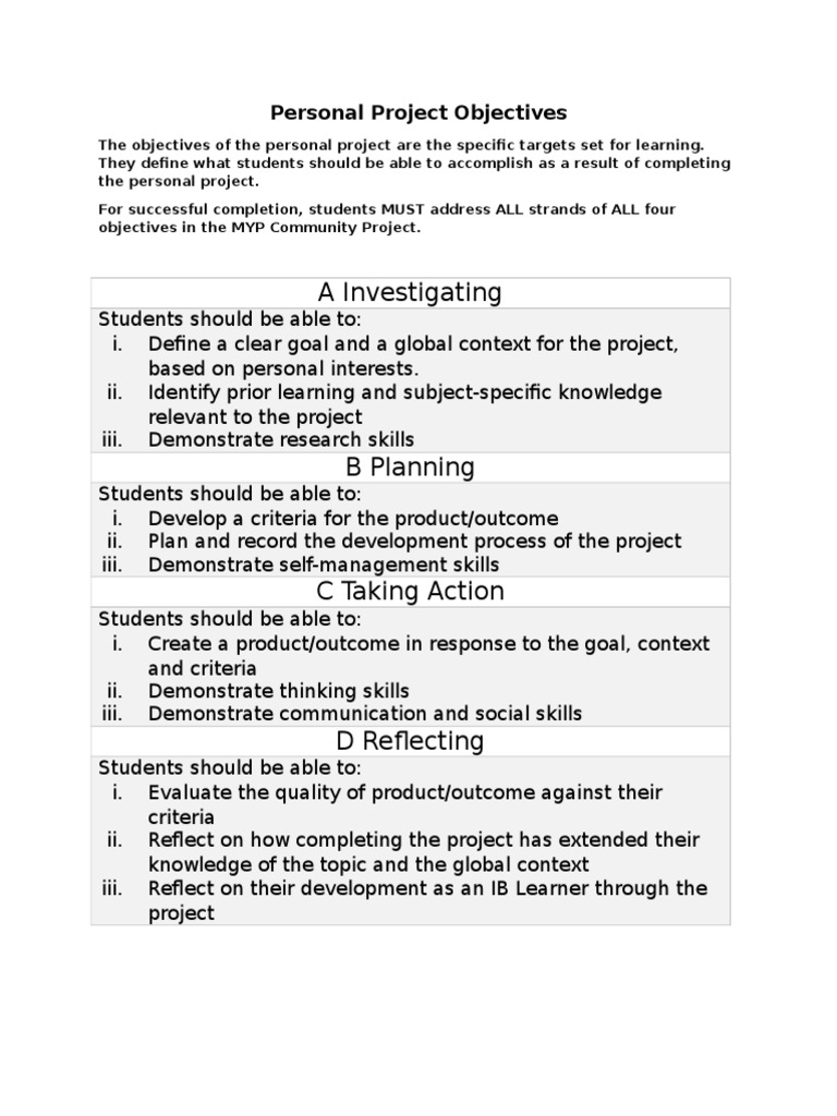 Personal Project Objectives | PDF | Applied Psychology | Learning