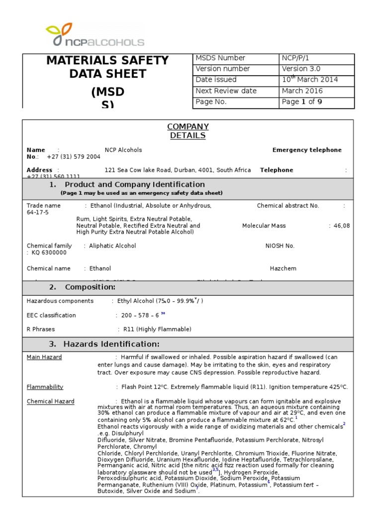 Msds Pdf Ethanol Alcohol Intoxication