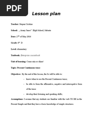 Present Continuous Lesson Plan 1 Lesson Plan Language Mechanics