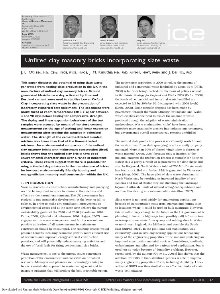 Unfired Clay Masonry Bricks Incorporating Slate Waste PDF Brick Sand