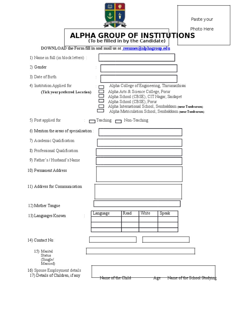 Alpha Group of Institutions: DOWNLOAD The Form Fill in and Mail Us at | PDF