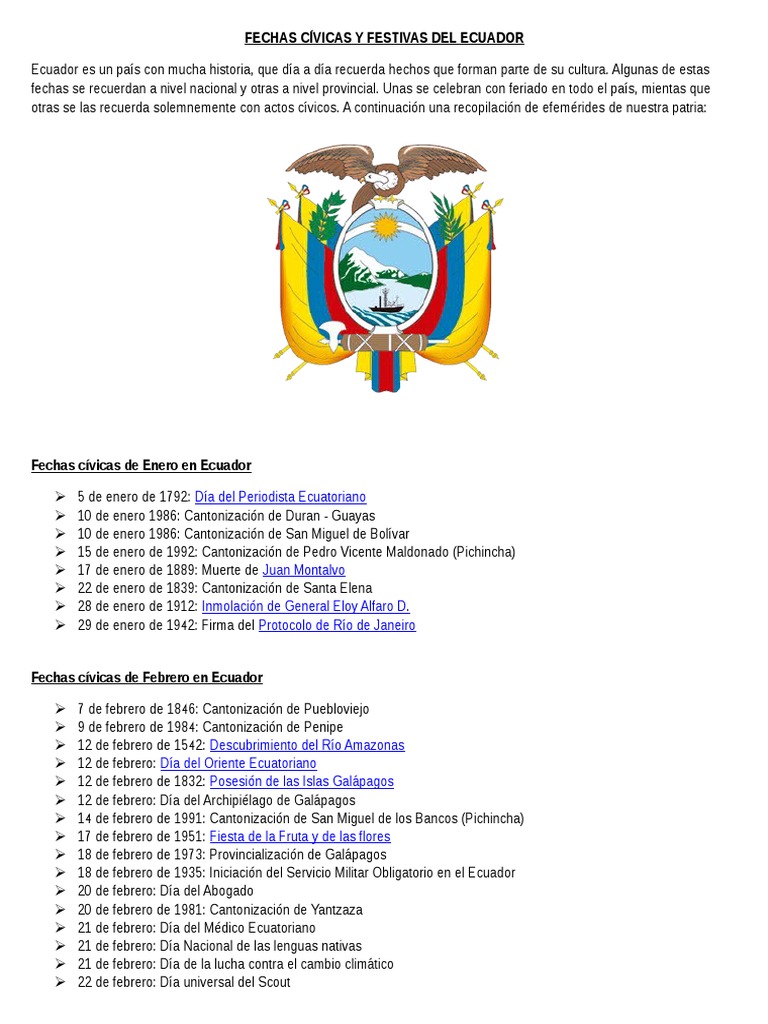Fechas Cívicas y Festivas Del Ecuador Ecuador Agitación
