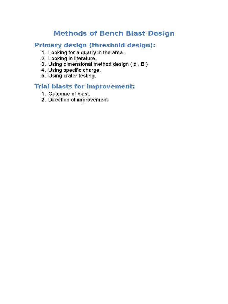 Methods of Bench Blast Design Primary Design (Threshold Design) PDF