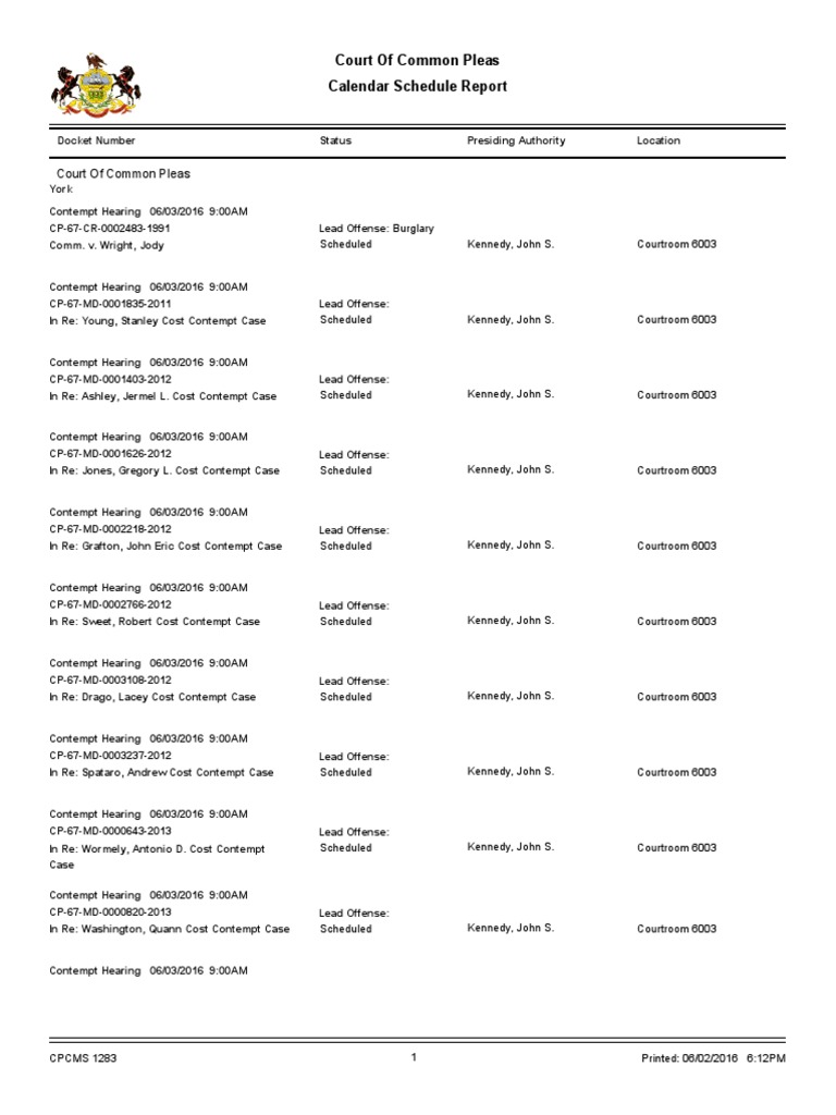 York County Court Schedule, June 3 | PDF | Courtroom | Crime & Violence