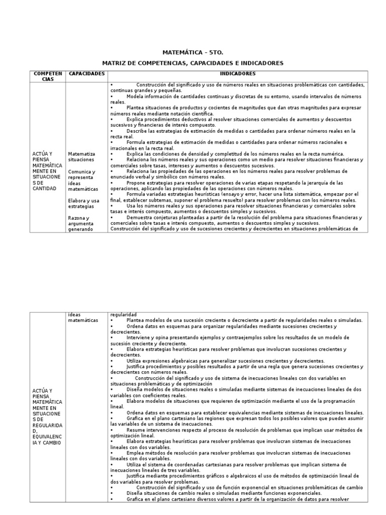 Competencias Matemáticas 5to Grado | PDF | Número Real | Ecuaciones