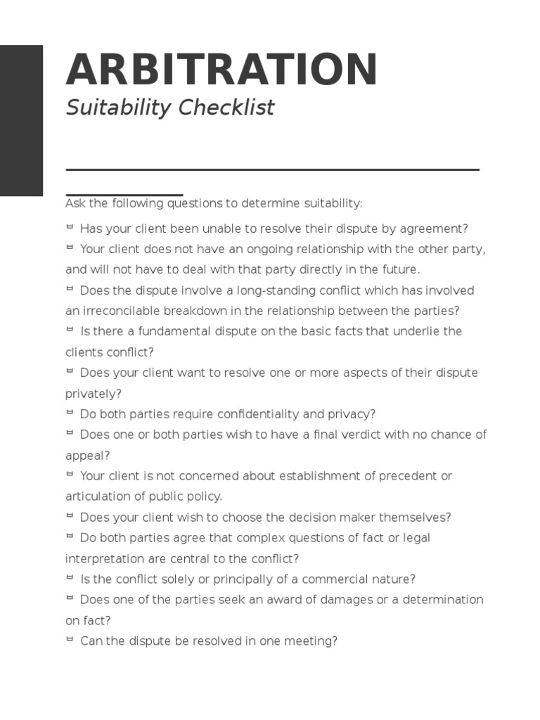 Arbitration Suitability Checklist | PDF | Business | Law