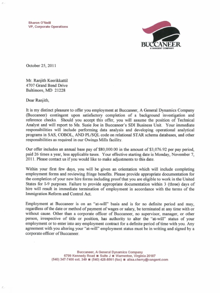 Ranjith Keerikkattil General Dynamics Offer Letter | PDF