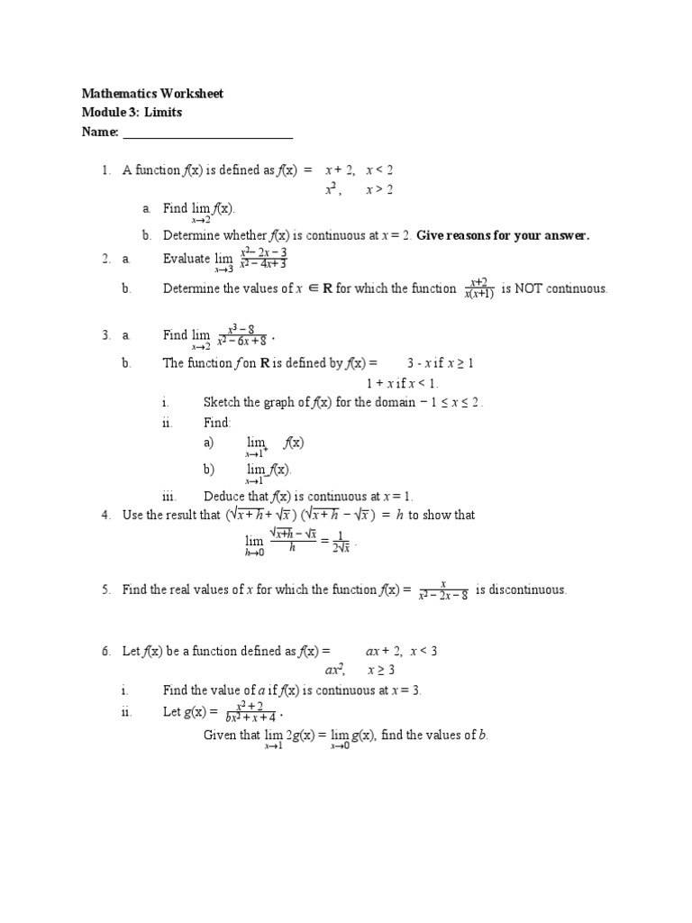 Limits and Continuity Worksheet | PDF | Teaching Methods & Materials