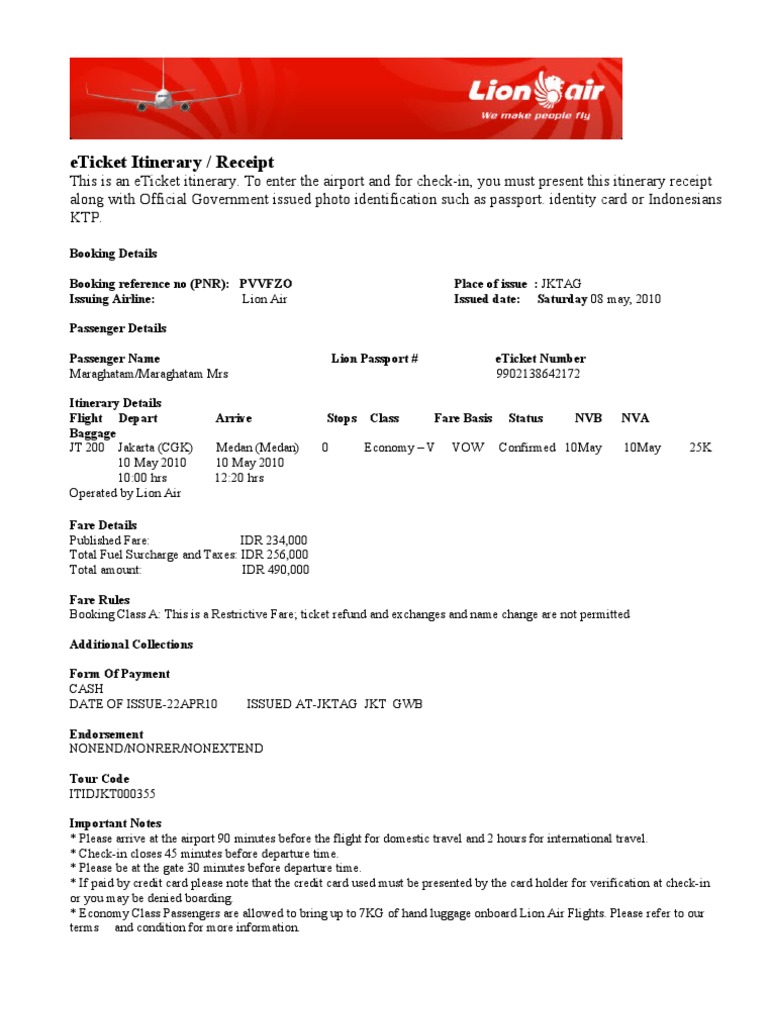 E Tiket Lion Air Identity Document Aviation