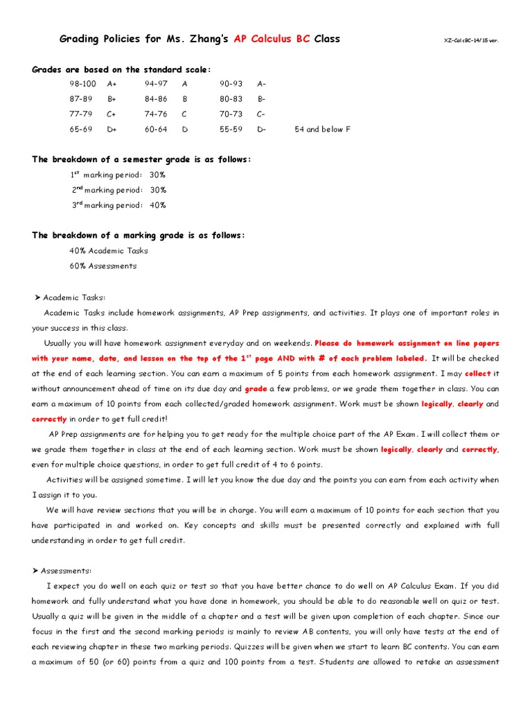 AP Calculus BC Grading Policies | PDF | Homework | Test (Assessment)