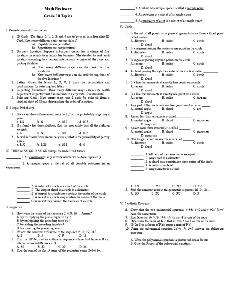 Grade 10 Math Reviewer: Key Topics | PDF