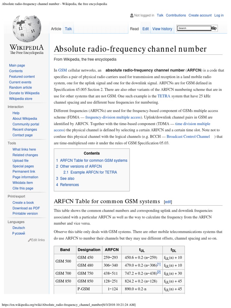 Absolute RadioFrequency Channel Number Wikipedia, The Free