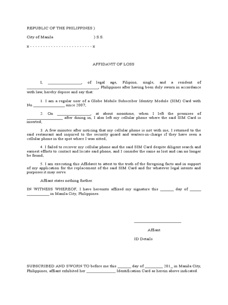 Affidavit of loss of a SIM Card