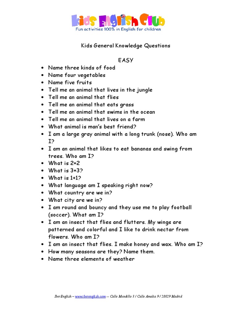 Kids General Knowledge Questions | PDF | Nature