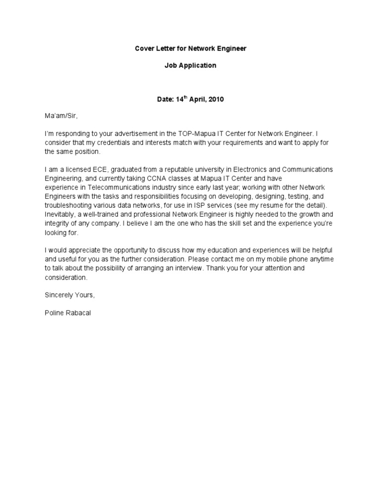 Network Engineer Cover Letter Sample | PDF | Engineer | Computing