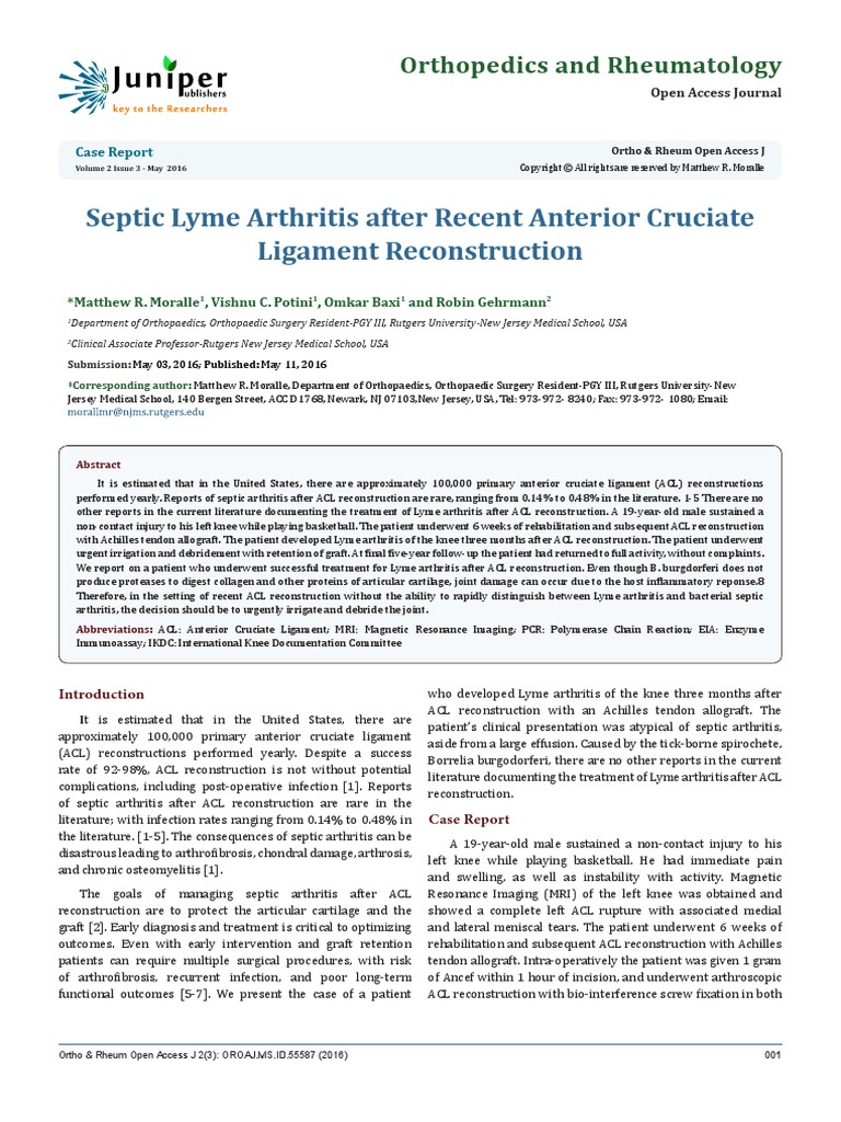 Septic Lyme Arthritis after Recent Anterior Cruciate Ligament Reconstruction Lyme Disease Knee