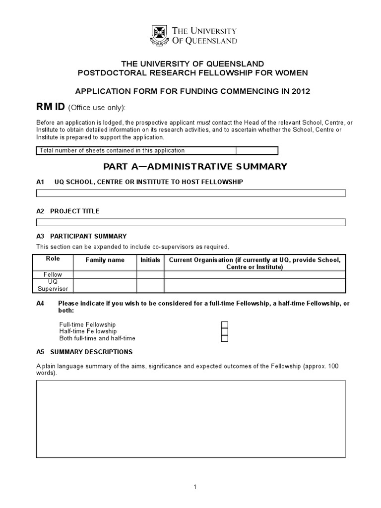 UQ Postdoctoral Fellowship Application Form | PDF | Science ...