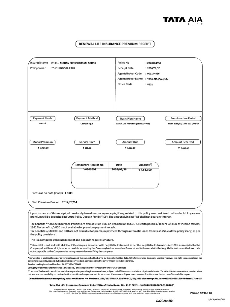 C320284551Renewal Premium Receipt Insurance Life Insurance