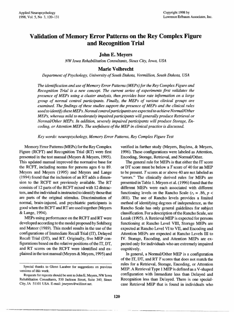 Validation of Memory Error Patterns On The Rey Complex Figure and ...