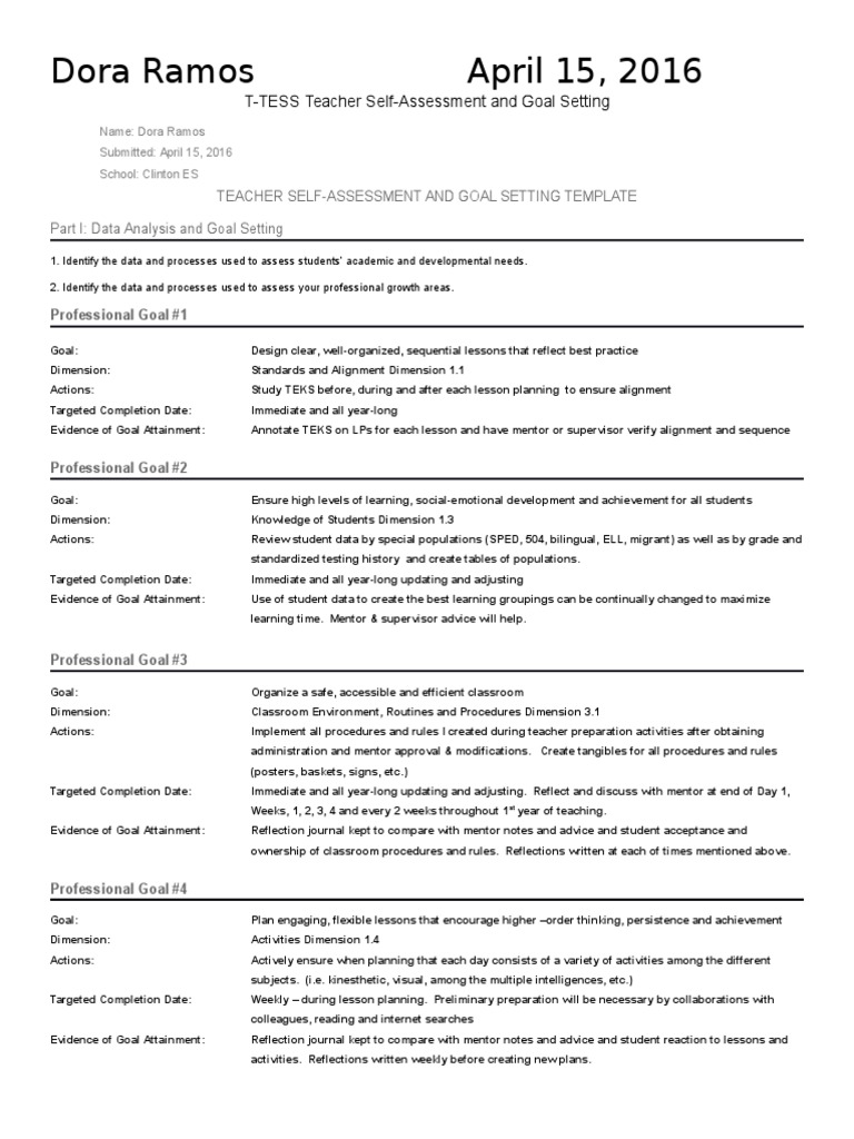 T Tess Teacher Self Assessment And Goal Setting Dora Ramos Mentorship Goal