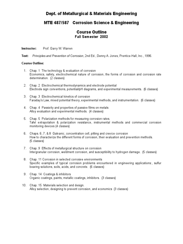 Dept. of Metallurgical & Materials Engineering MTE 487/587 Corrosion ...