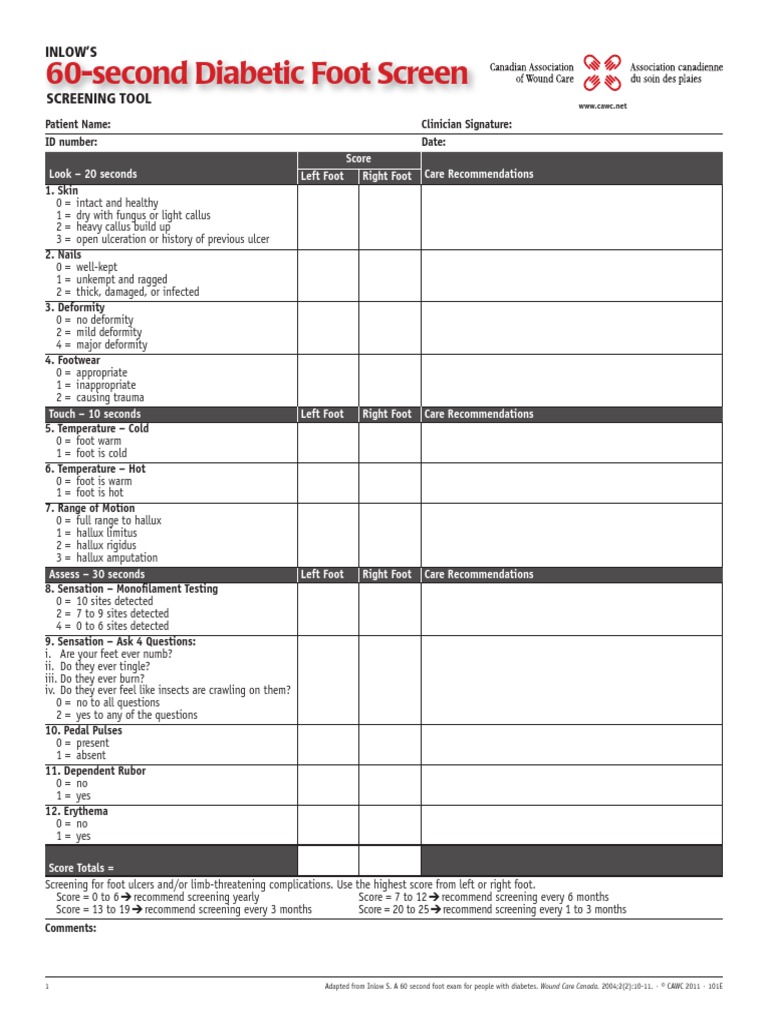 60 Second Diabetic Foot Screen Tool PDF Toe Diabetes Mellitus