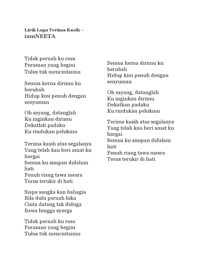 Lirik Lagu Terima Kasih Iamneeta Hujung Dunia Hanie Soraya Pdf