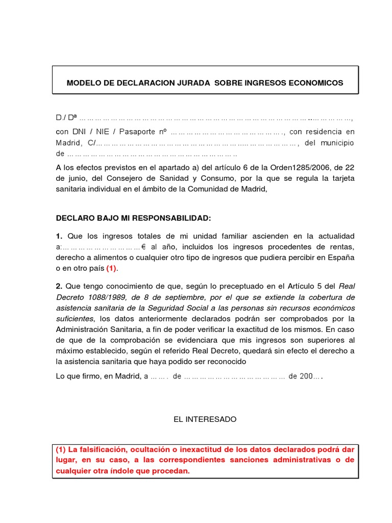 Modelo de Declaracion Jurada Ingresos PDF | PDF