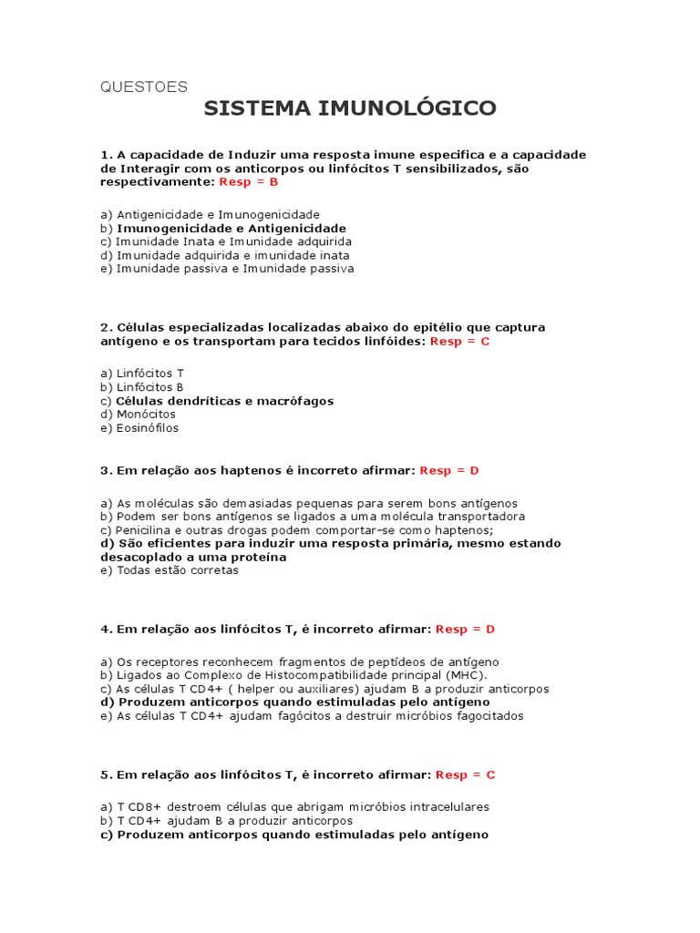 Questões sobre Sistema Imunológico e Infecções Virais | PDF | Sistema ...