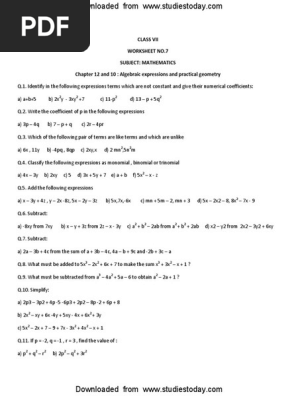 Cbse Class 7 Maths Worksheet Algebraic Expression 2 Mathematical Objects Mathematical Analysis