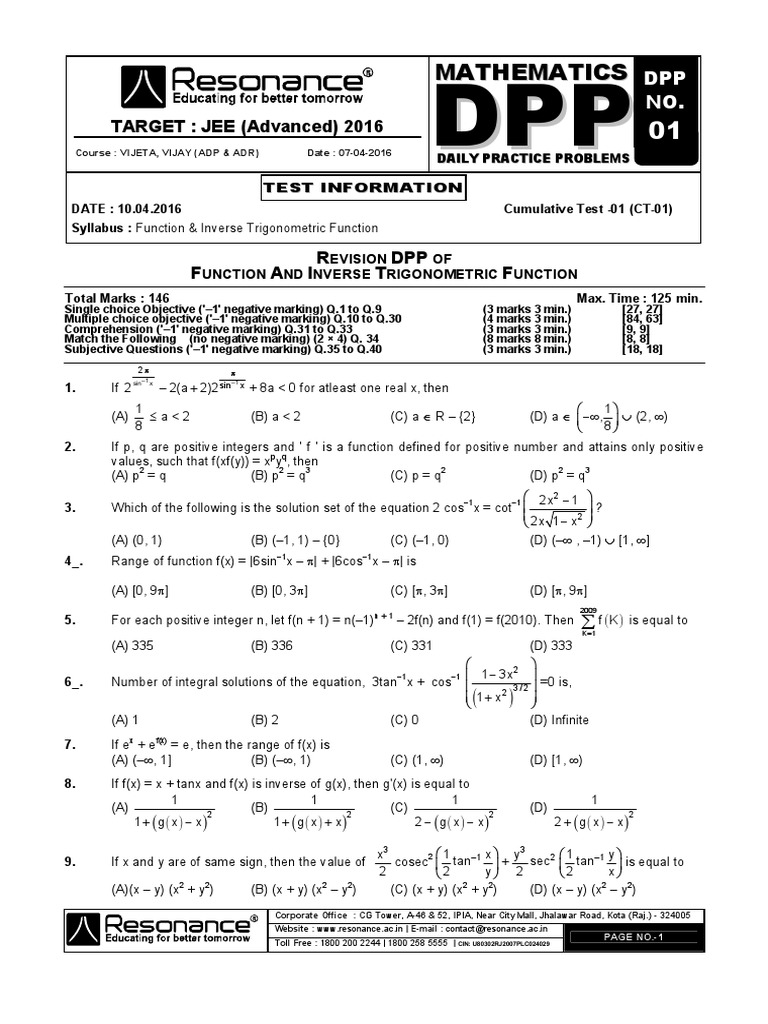 JEE Advanced 2016 Math Test Plan II | PDF | Function (Mathematics ...