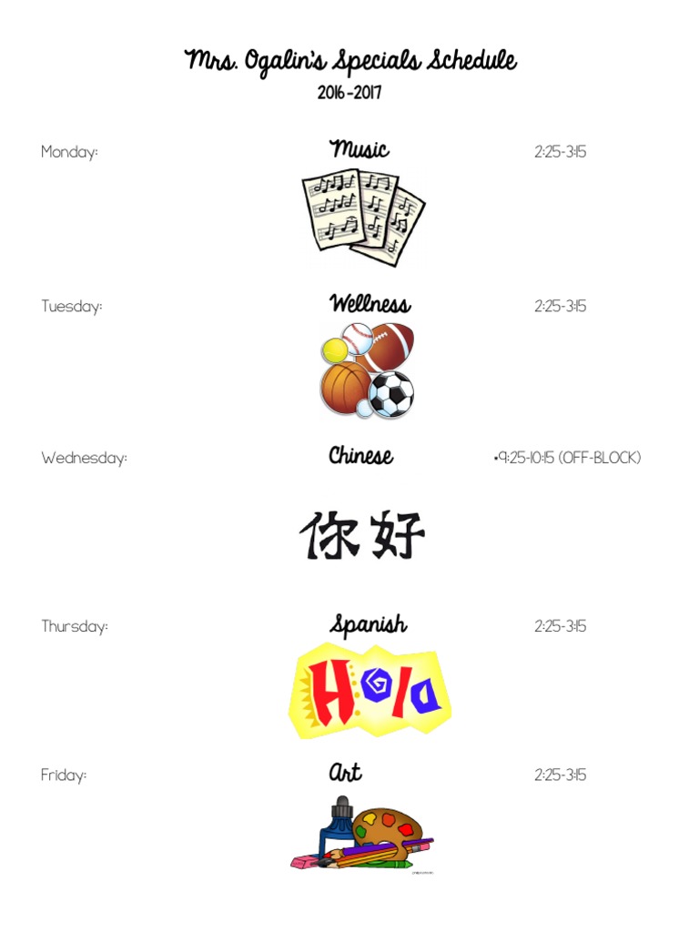 Specials Schedule | PDF | Language Arts & Discipline | Foreign Language ...