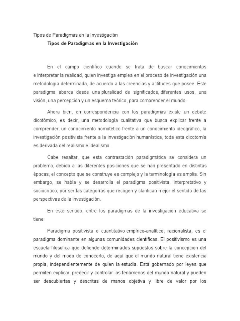 Tipos de Paradigmas en La Investigación | PDF | Paradigma | Positivismo