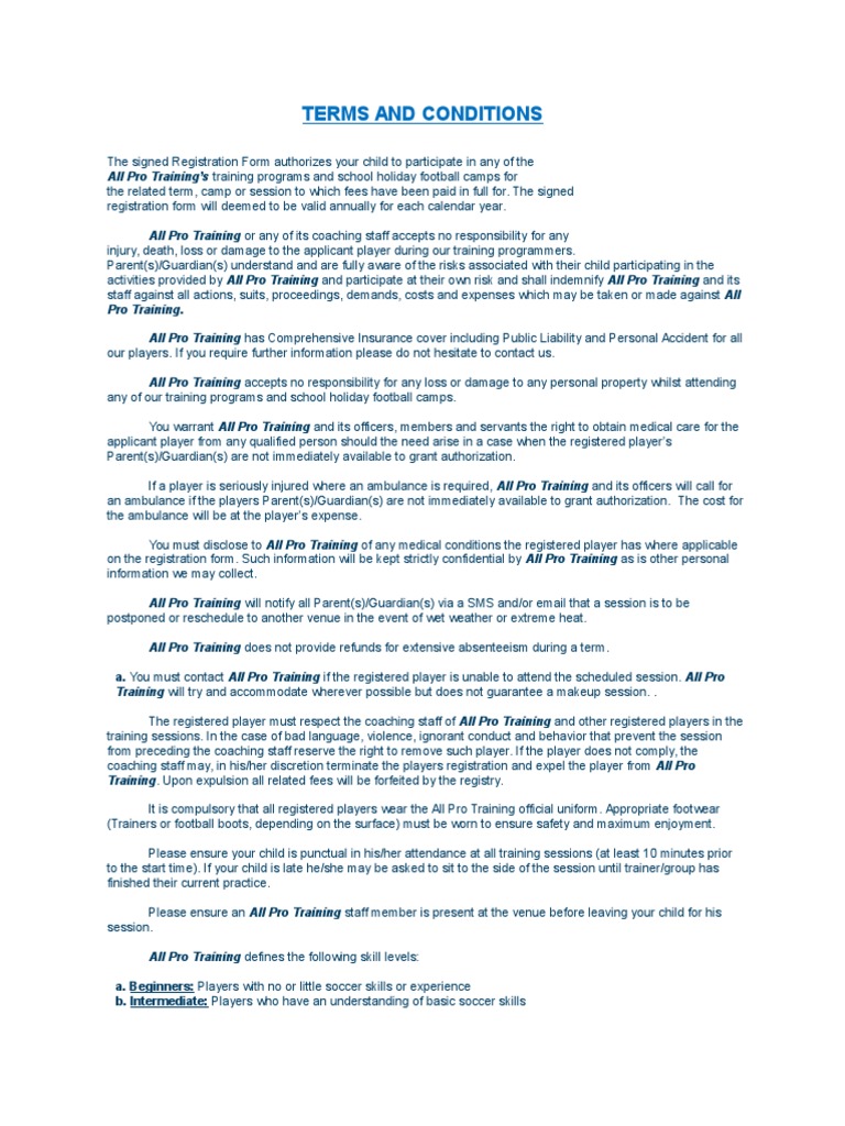 All Pro Training Terms and Conditions | PDF | Legal Guardian | Indemnity
