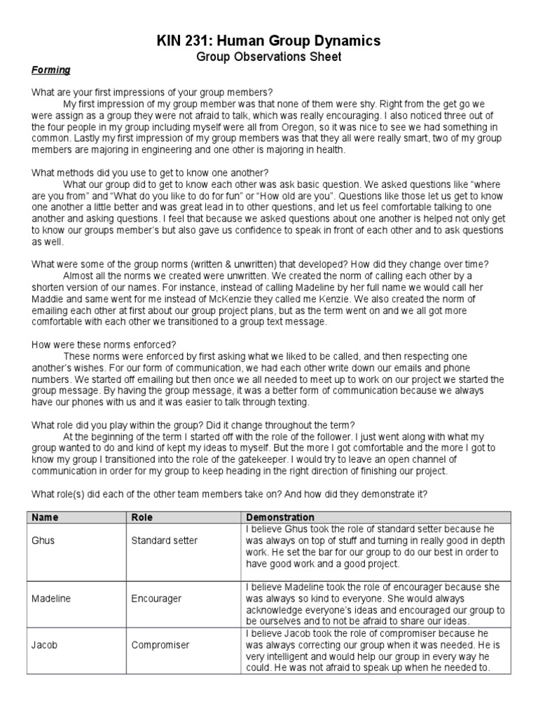 Group Dynamics in KIN 231 Observations | PDF | Social Group | Socialization