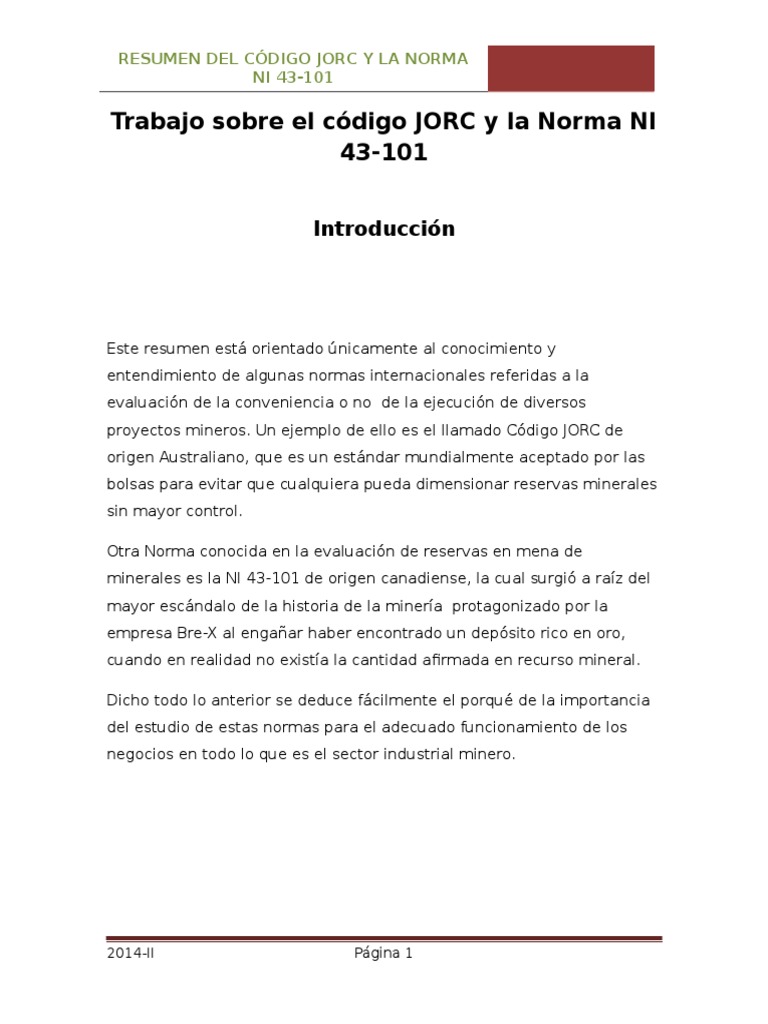 Resumen del Código JORC y NI 43-101 | PDF | Minería | Minerales