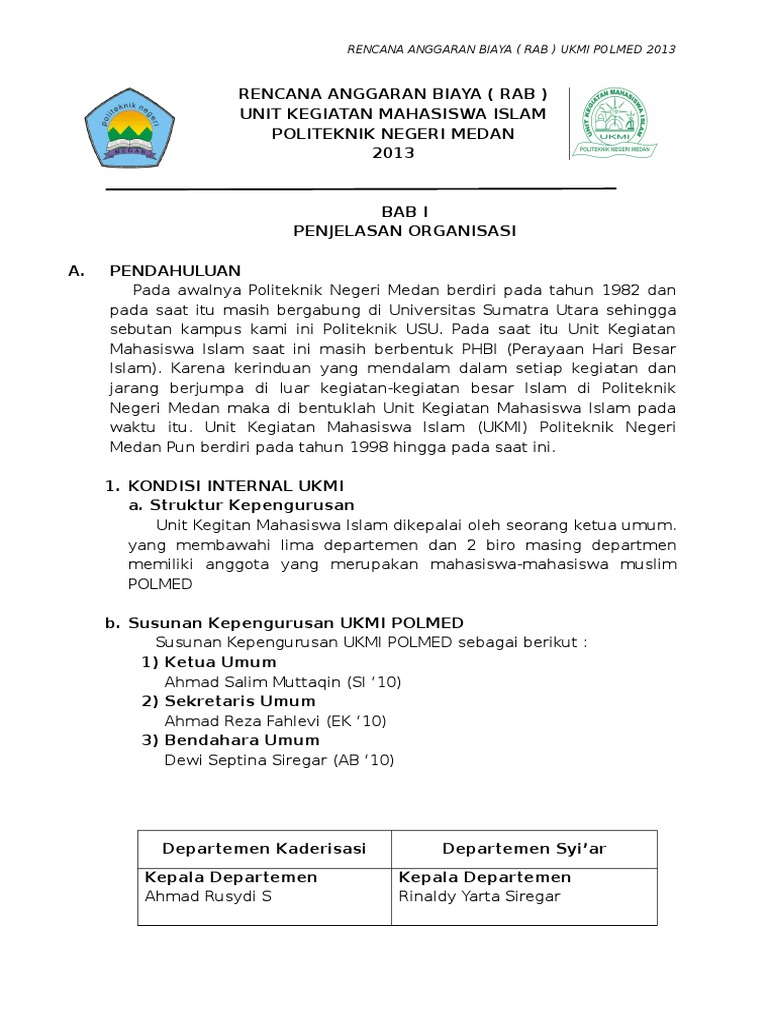 RAB UKMI Polmed 2013: Anggaran Kegiatan | PDF