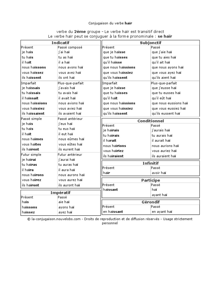La Conjugaison Du Verbe Hair Conjuguer Hair