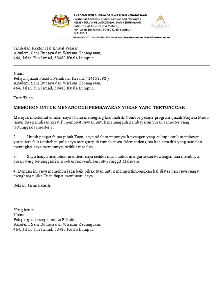 Contoh Surat Rasmi Penanguhan Yuran Pdf