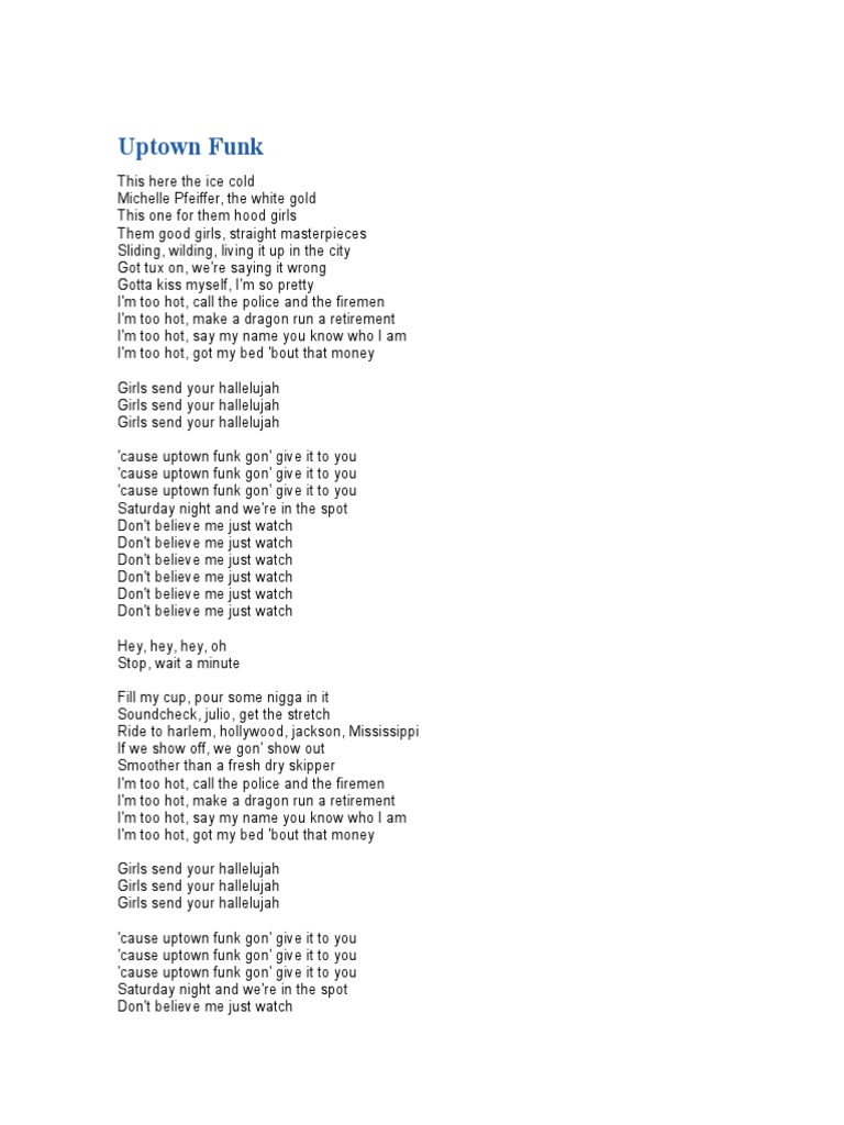 Letra de La Canción Uptown Funk de Bruno Mars Songs