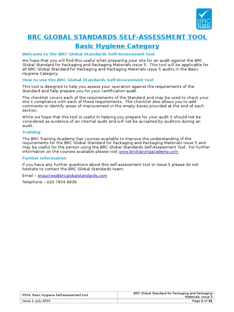 P503 - BRC Packaging 5 Self Assessment Tool - Basic Hygiene (UK English ...