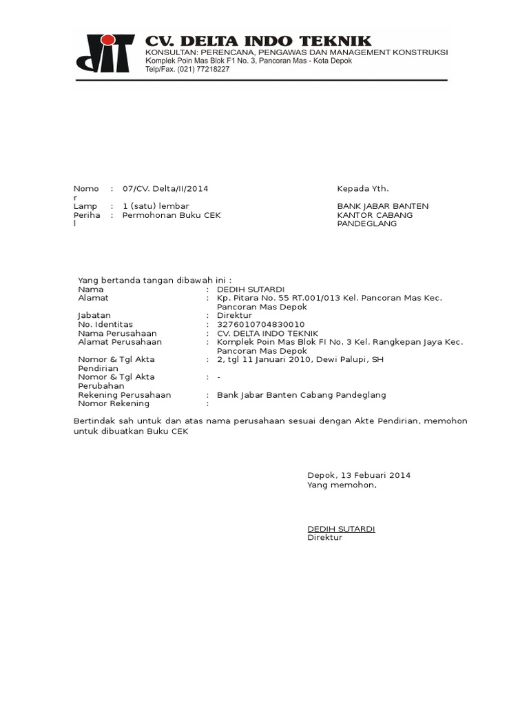 Surat Permohonan Buku Cek Contoh surat Permohonan