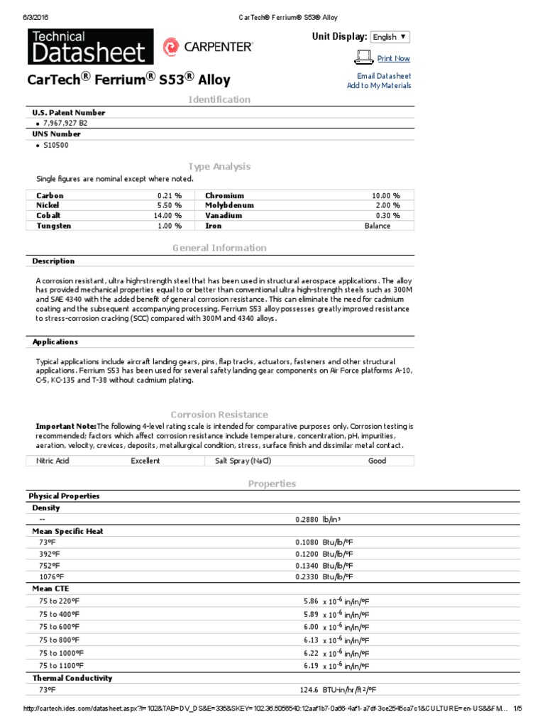 CarTech® Ferrium® S53® Alloy | PDF | Annealing (Metallurgy) | Heat Treating